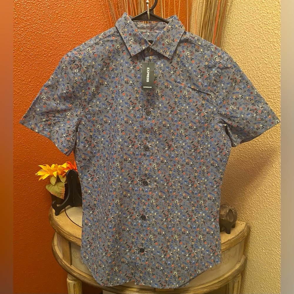 New-Express Blue Floral Button Down Shirt
